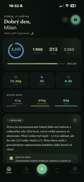 Denní přehled v kCalori: kalorický kruh, makra, váha, spánek a kroky na jedné obrazovce