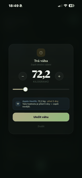 Zápis váhy v kCalori s porovnáním hodnoty z Apple Health