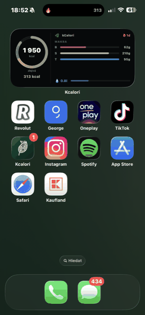 Widget kCalori na ploše iPhonu s kaloriemi a makry